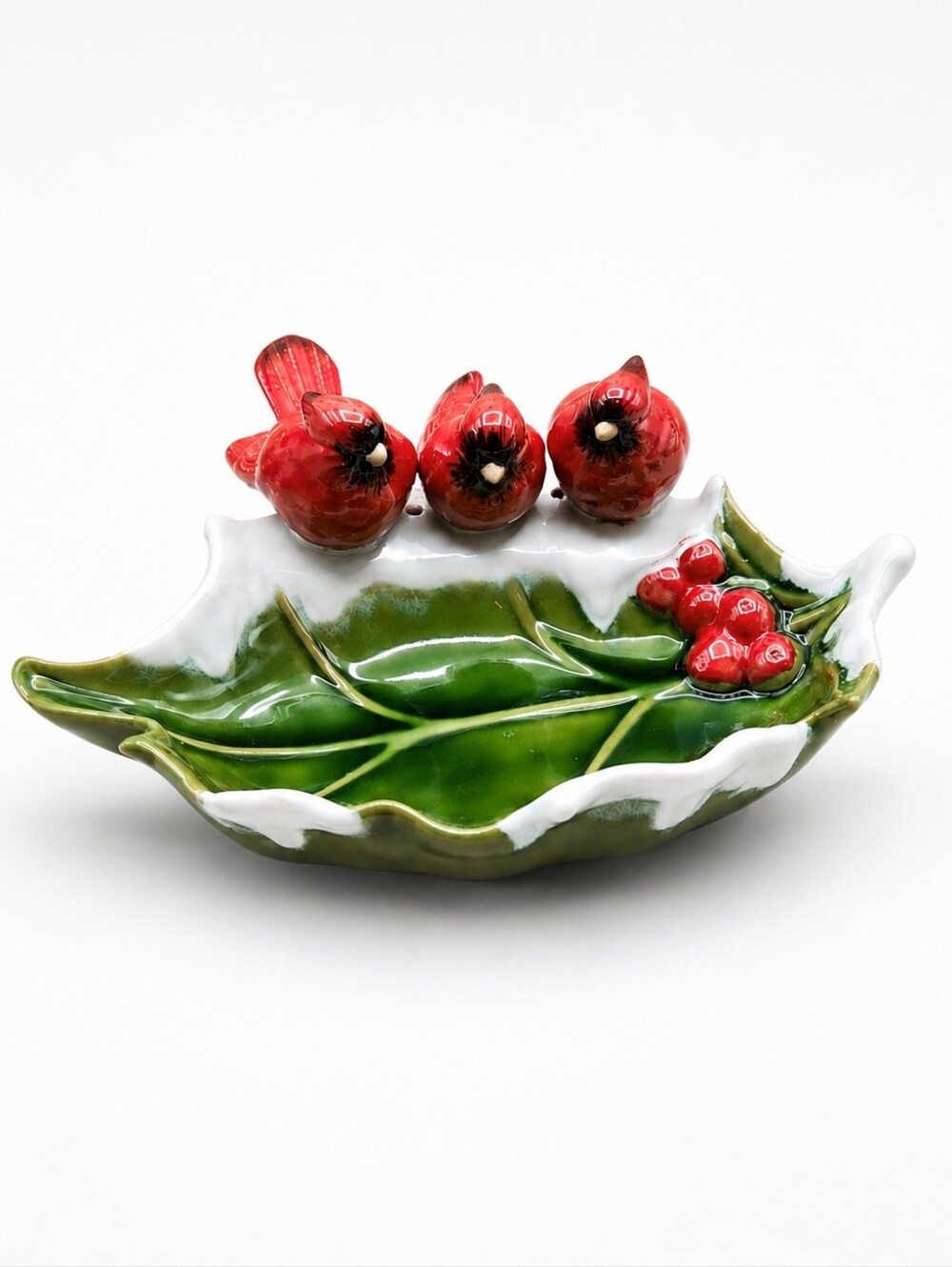 Ceramic Green Leaf Dish with 3 Red Cardinals & Red Berries